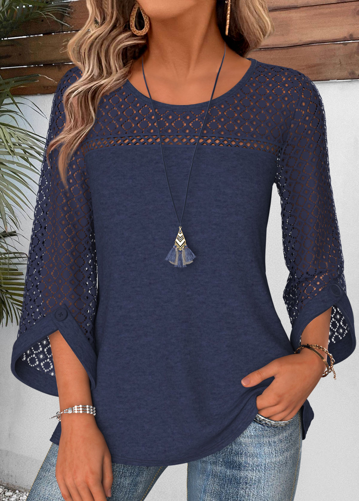 Modlily Navy Patchwork 3/4 Sleeve Round Neck Blouse - M
