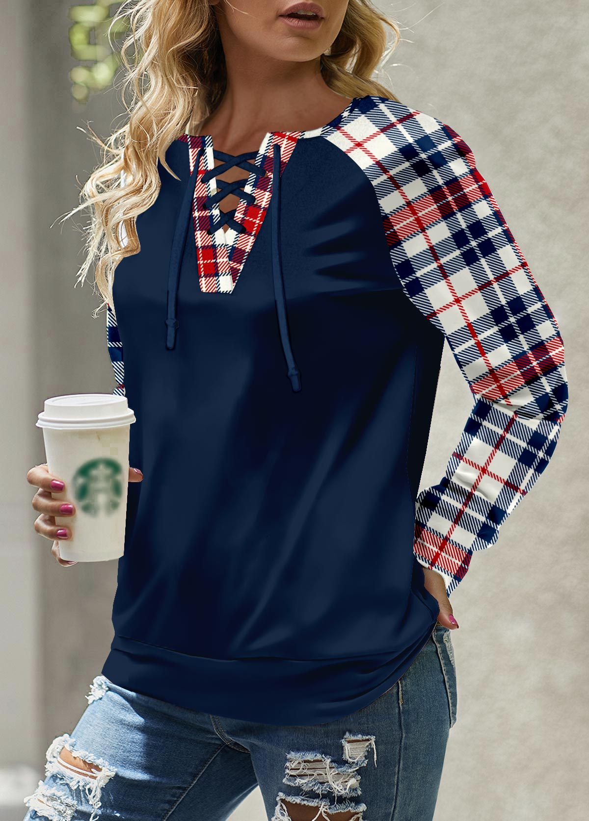 Modlily Navy Patchwork Plaid Long Sleeve Round Neck Sweatshirt - M