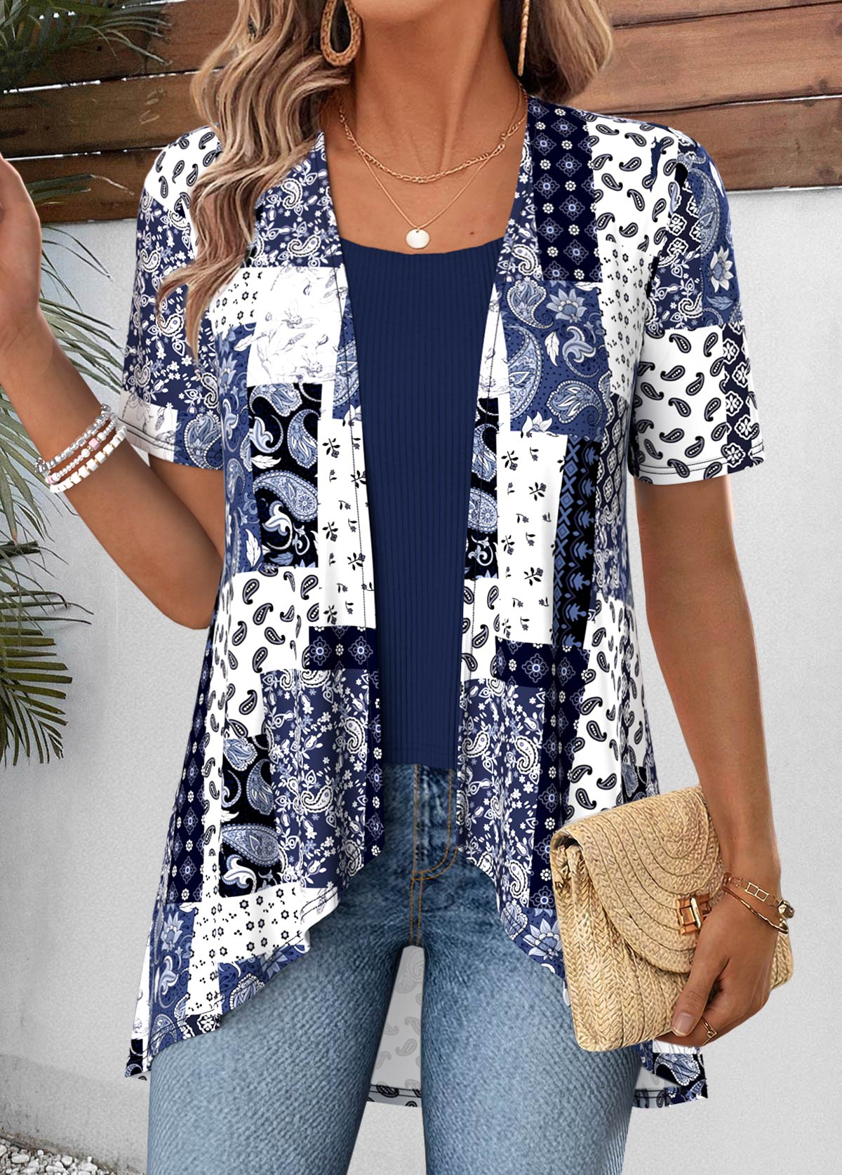 Modlily Navy Patchwork Short Sleeve Fake Two Piece Tribal Twinset - S