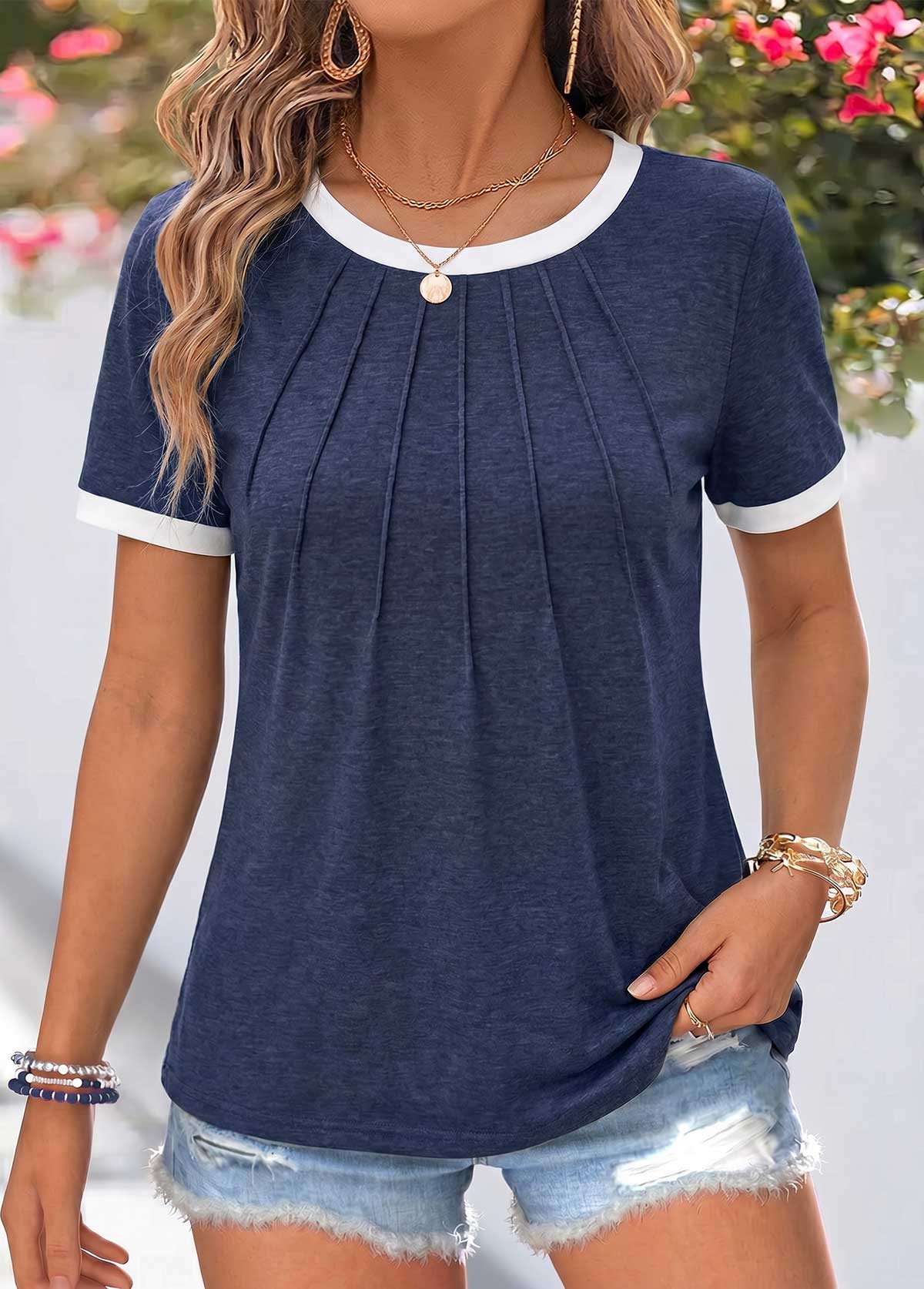 Modlily Navy Patchwork Short Sleeve Round Neck Pleated T Shirt - M