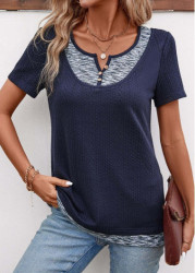 Modlily Navy Patchwork Short Sleeve Split Neck T Shirt - L