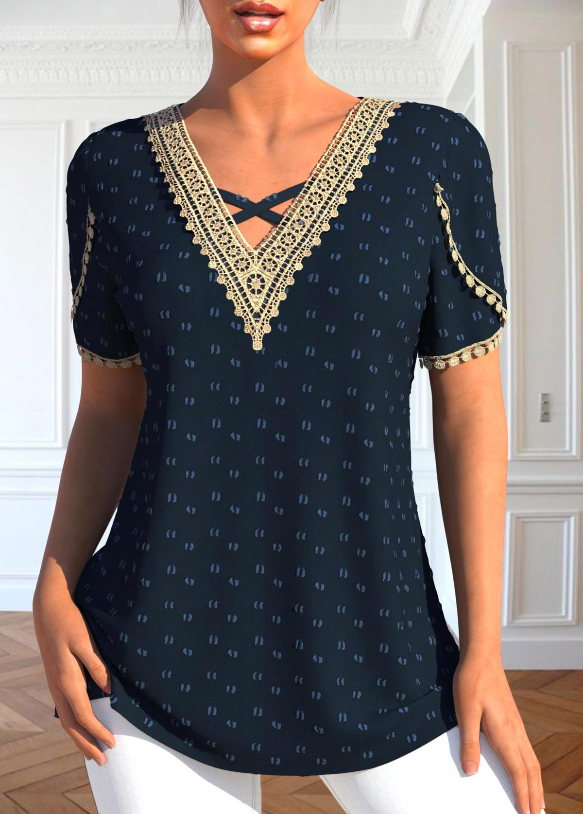 Modlily Navy Patchwork Short Sleeve V Neck Embroidery T Shirt - S