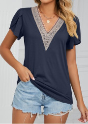 Modlily Navy Patchwork Short Sleeve V Neck T Shirt - S