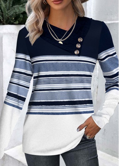 Modlily Navy Patchwork Striped Long Sleeve Asymmetrical Neck T Shirt - XL