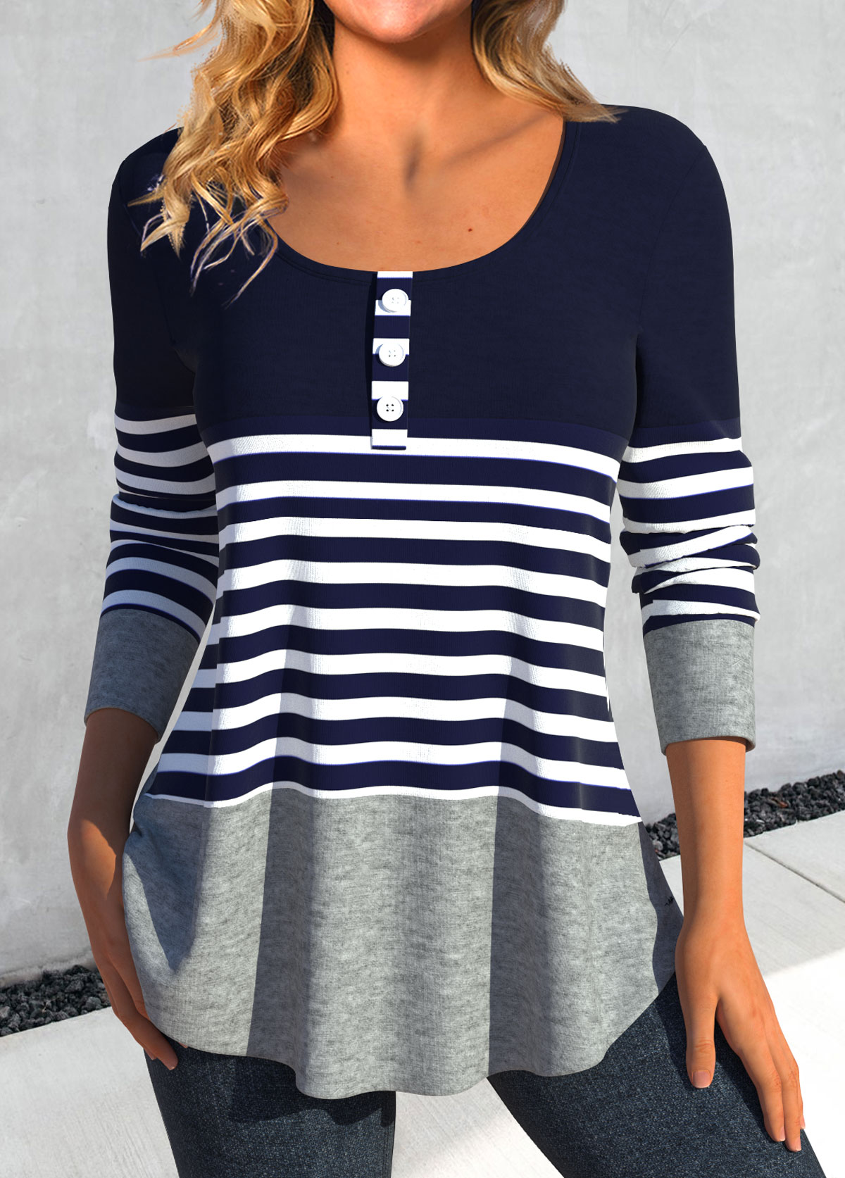 Modlily Navy Patchwork Striped Long Sleeve T Shirt - L