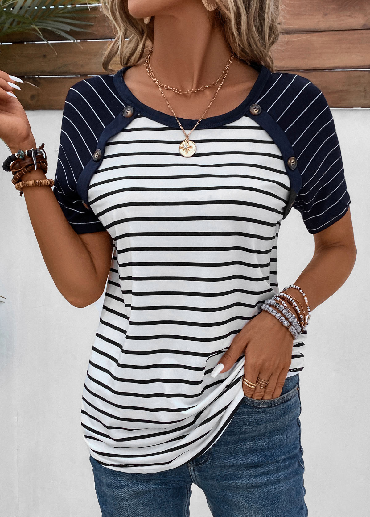 Modlily Navy Patchwork Striped Short Sleeve T Shirt - XXL