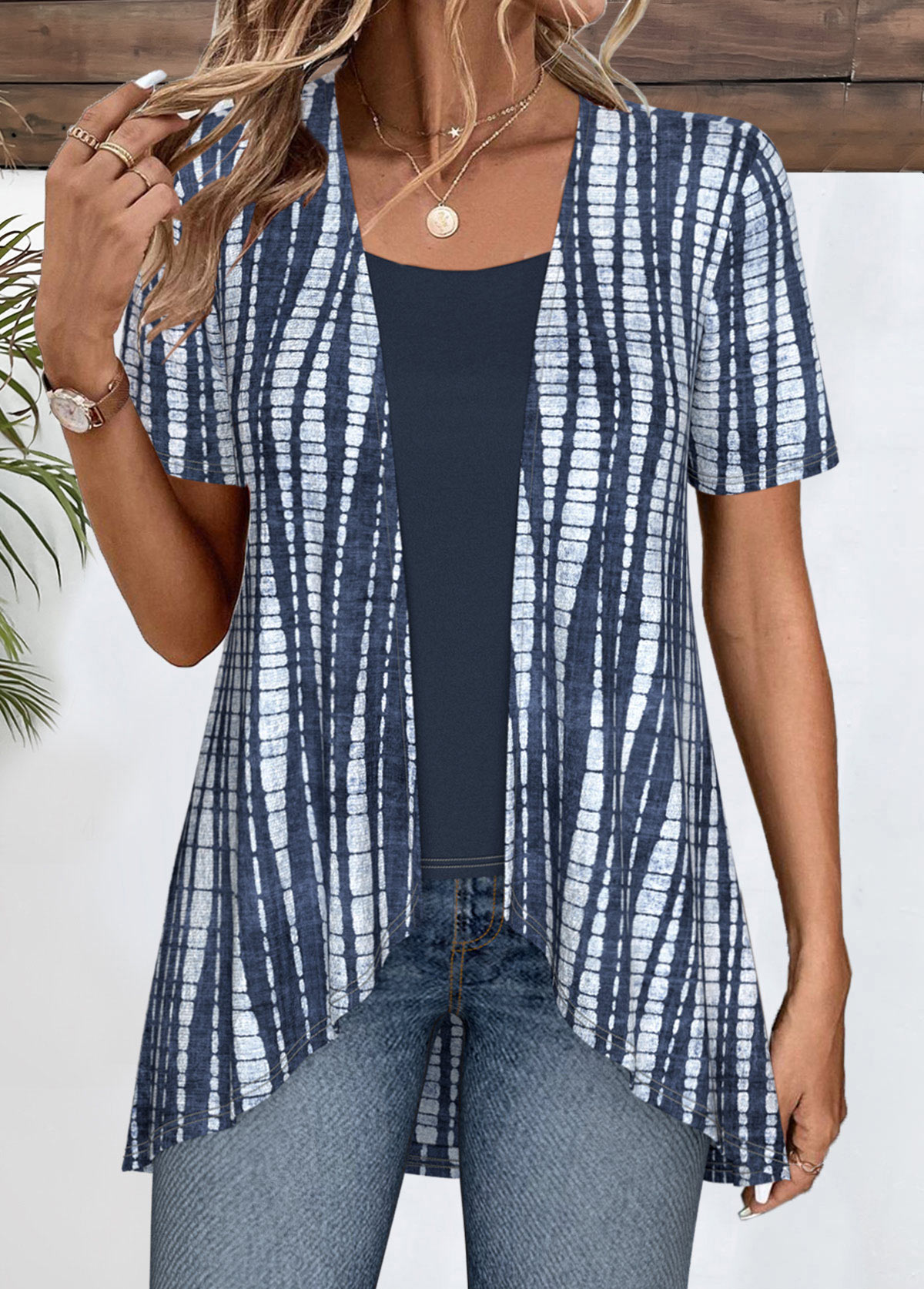 Modlily Navy Patchwork Tie Dye Print Fake Two Piece Twinset - S