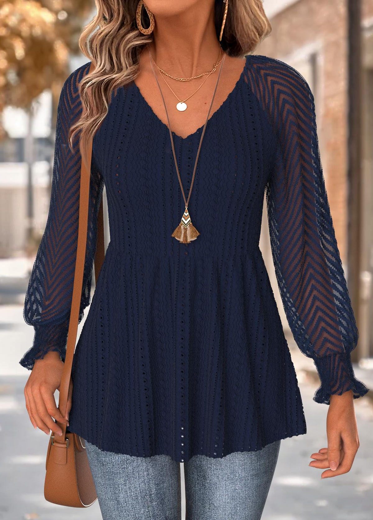Modlily Navy Peplum Long Sleeve V Neck T Shirt - L