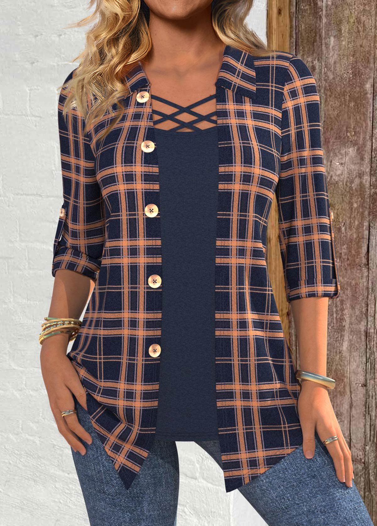 Modlily Navy Plaid 3/4 Sleeve Fake Two Piece Twinset - XXL