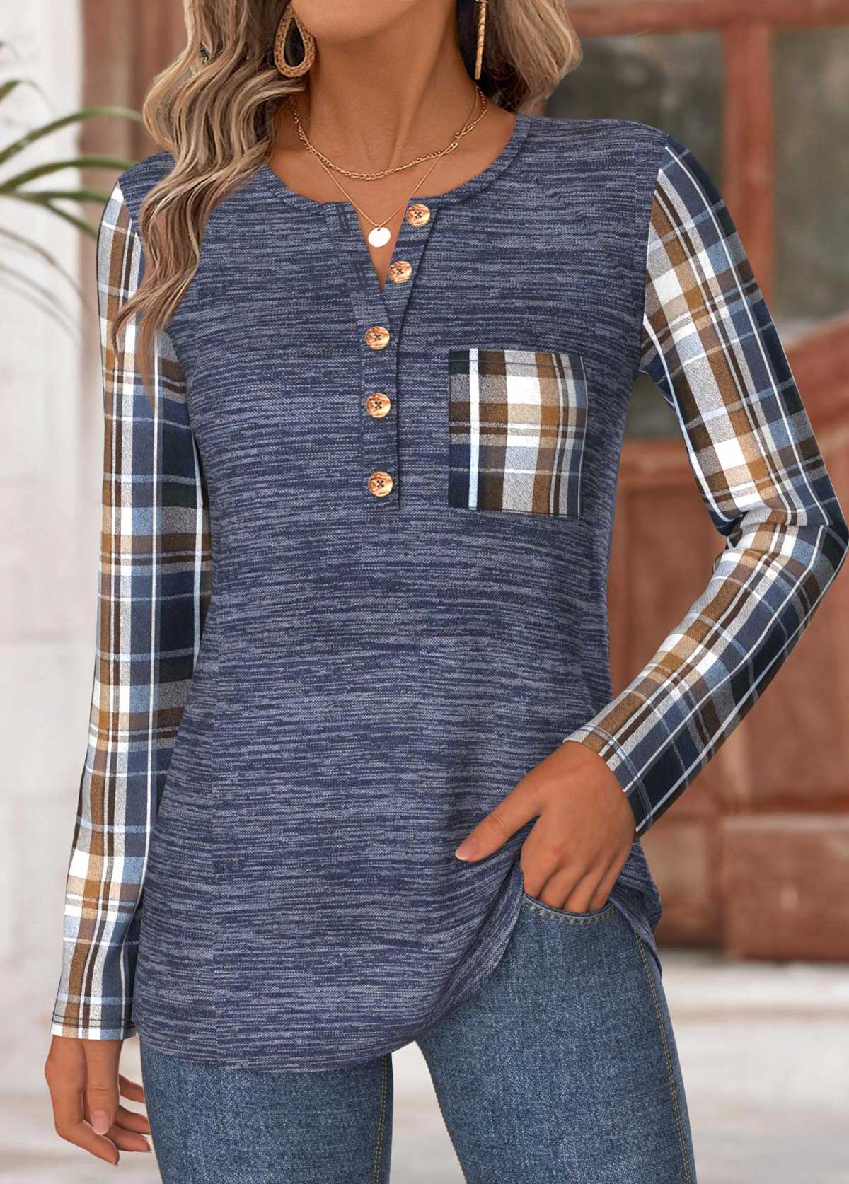 Modlily Navy Plaid Long Sleeve Round Neck T Shirt - M