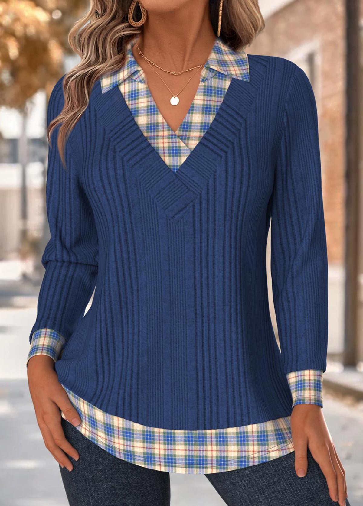 Modlily Navy Plaid Long Sleeve Shirt Collar T Shirt - M