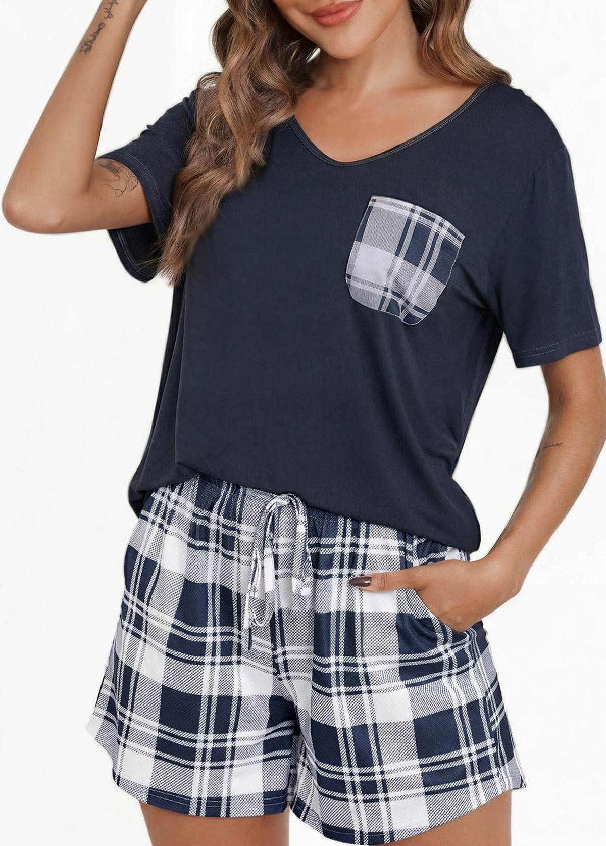 Modlily Navy Plaid Short Sleeve Lounge Top and Shorts - S