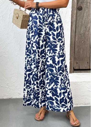 Modlily Navy Plants Print Wide Leg Elastic Waist Pants - S