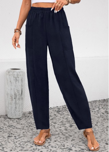 Modlily Navy Pocket Elastic Waist High Waisted Pants - S