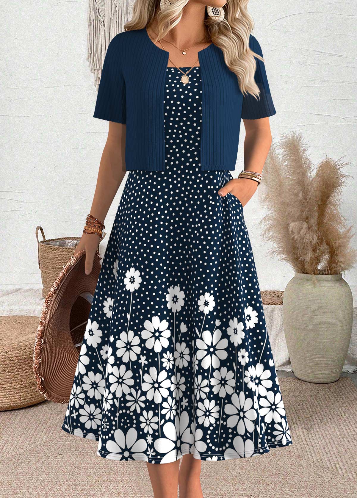Modlily Navy Polka Dot Short Sleeve Dress and Cardigan - XXL