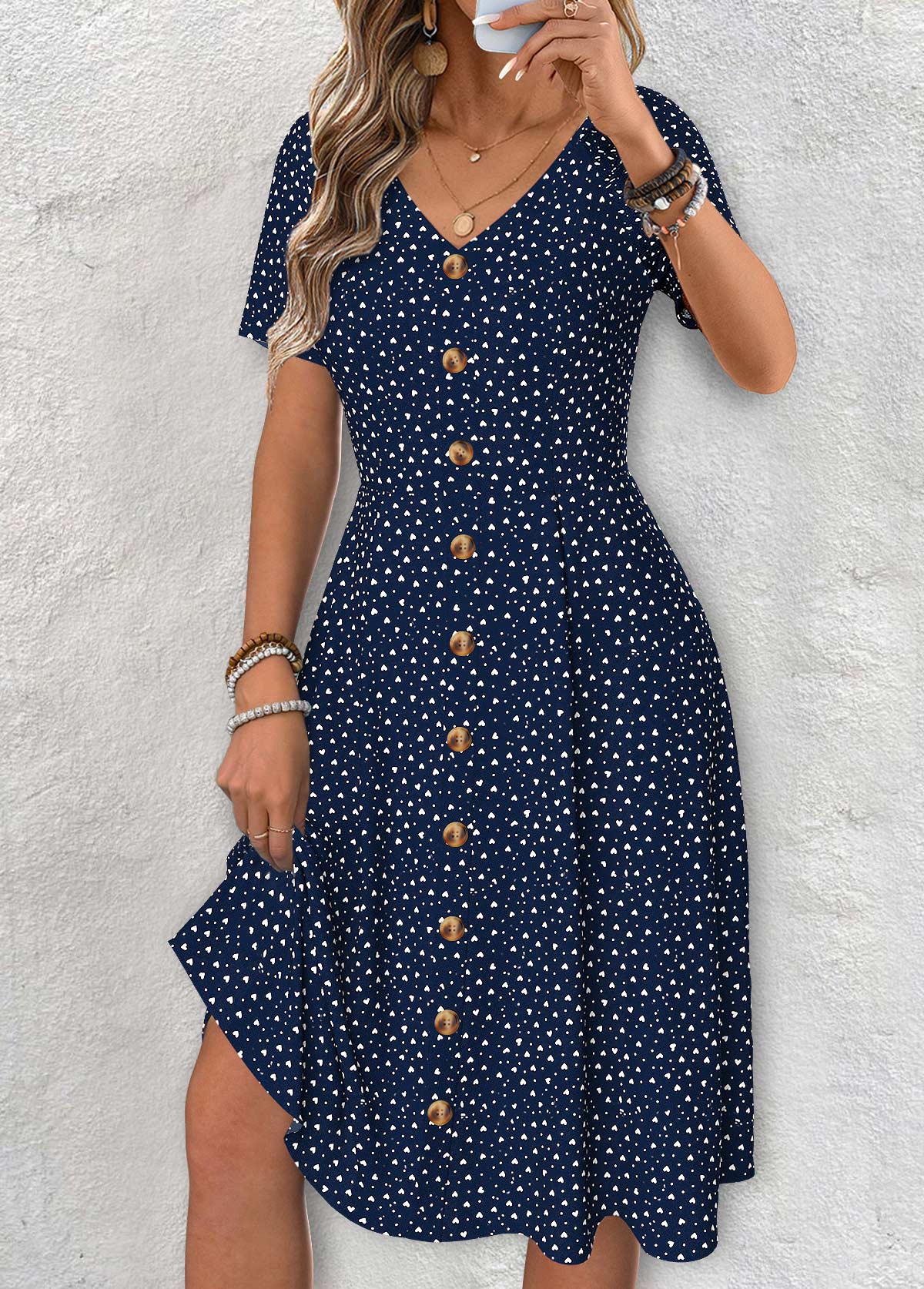 Modlily Navy Polka Dot Short Sleeve V Neck Dress - S