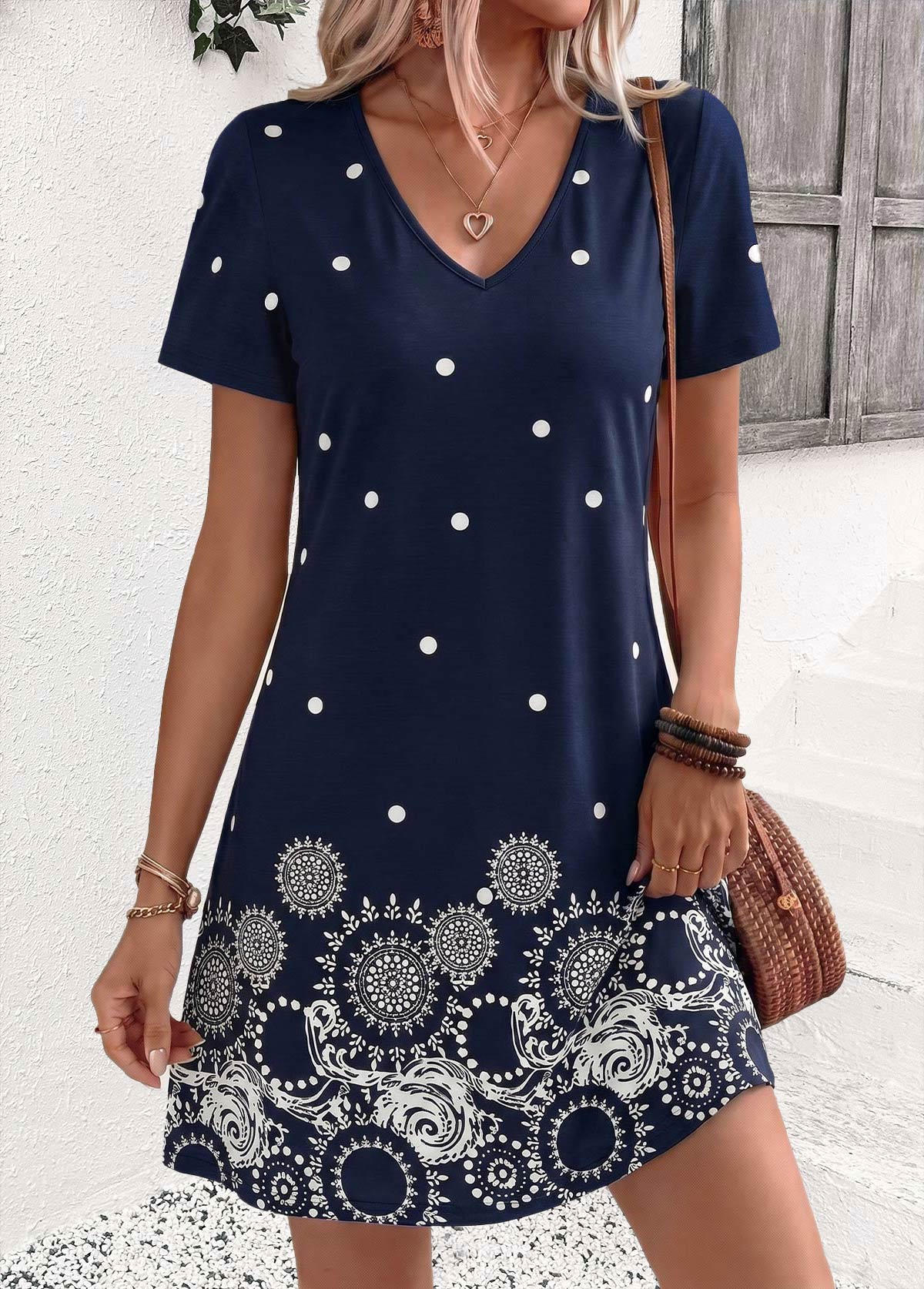 Modlily Navy Polka Dot Short Tummy Coverage V Neck Dress - S