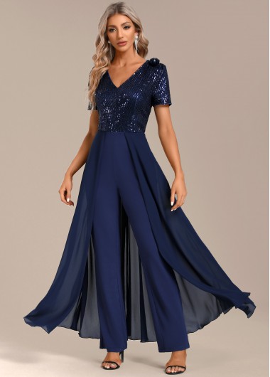 Modlily Navy Sequin Long Short Sleeve V Neck Jumpsuit - XXL