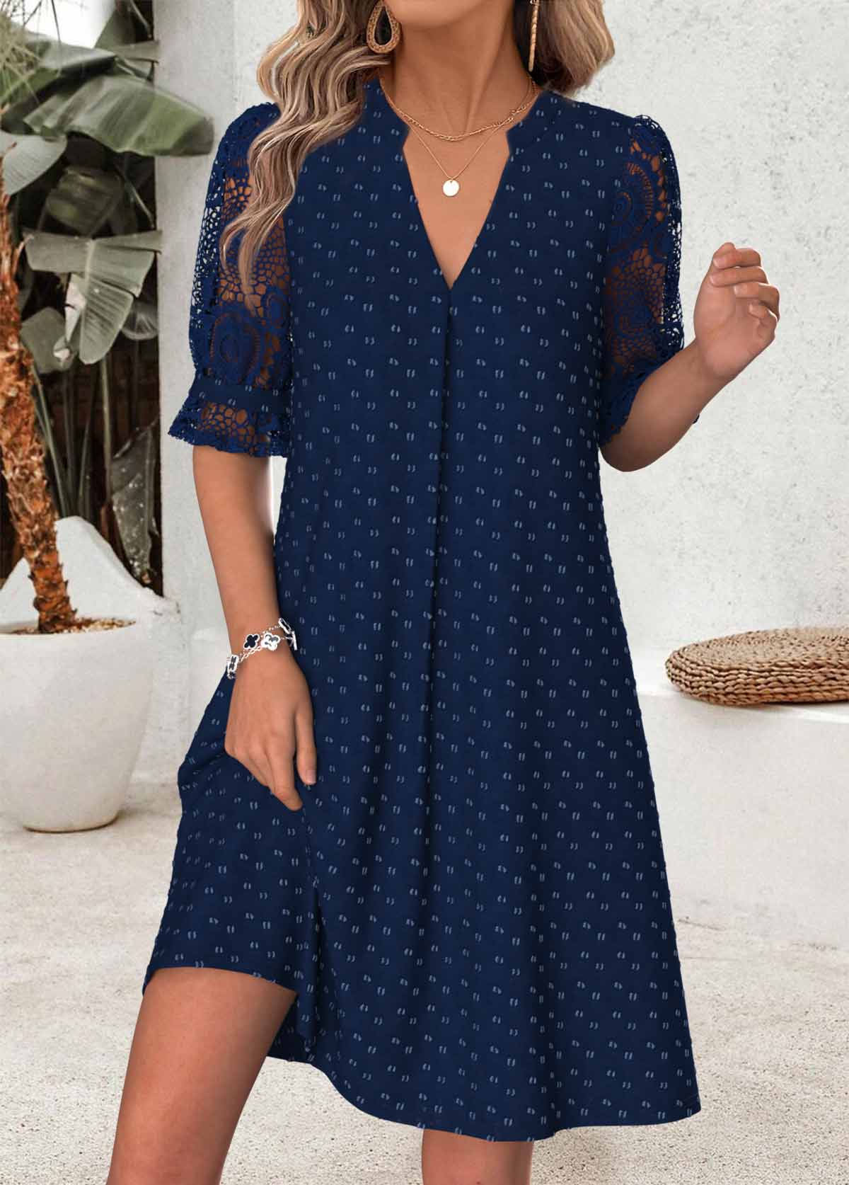Modlily Navy Short Shirred Half Sleeve Split Neck Dress - S
