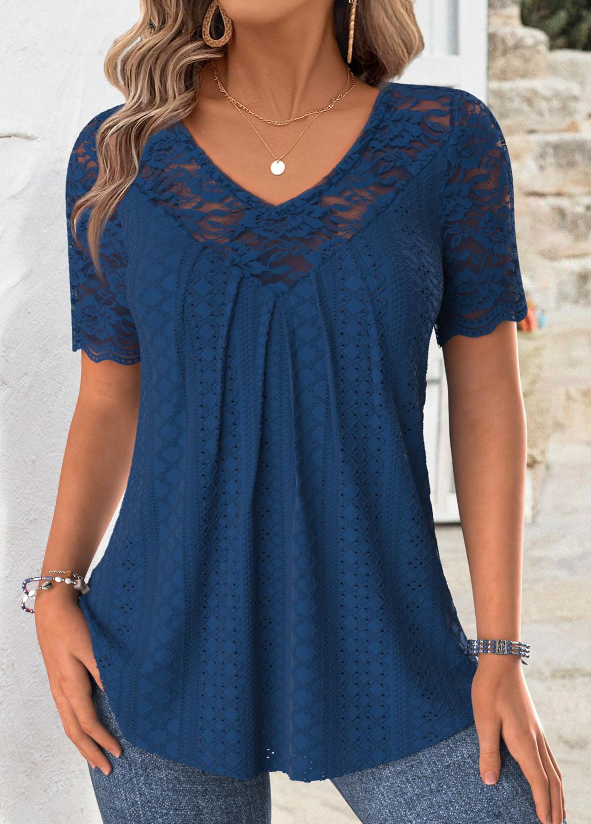 Modlily Navy Short Sleeve V Neck T Shirt - M