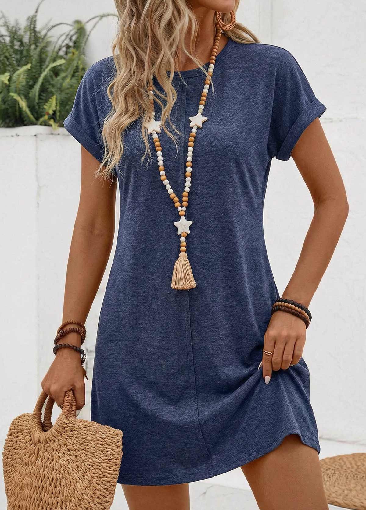 Modlily Navy Short Tuck Stitch Round Neck Dress - M