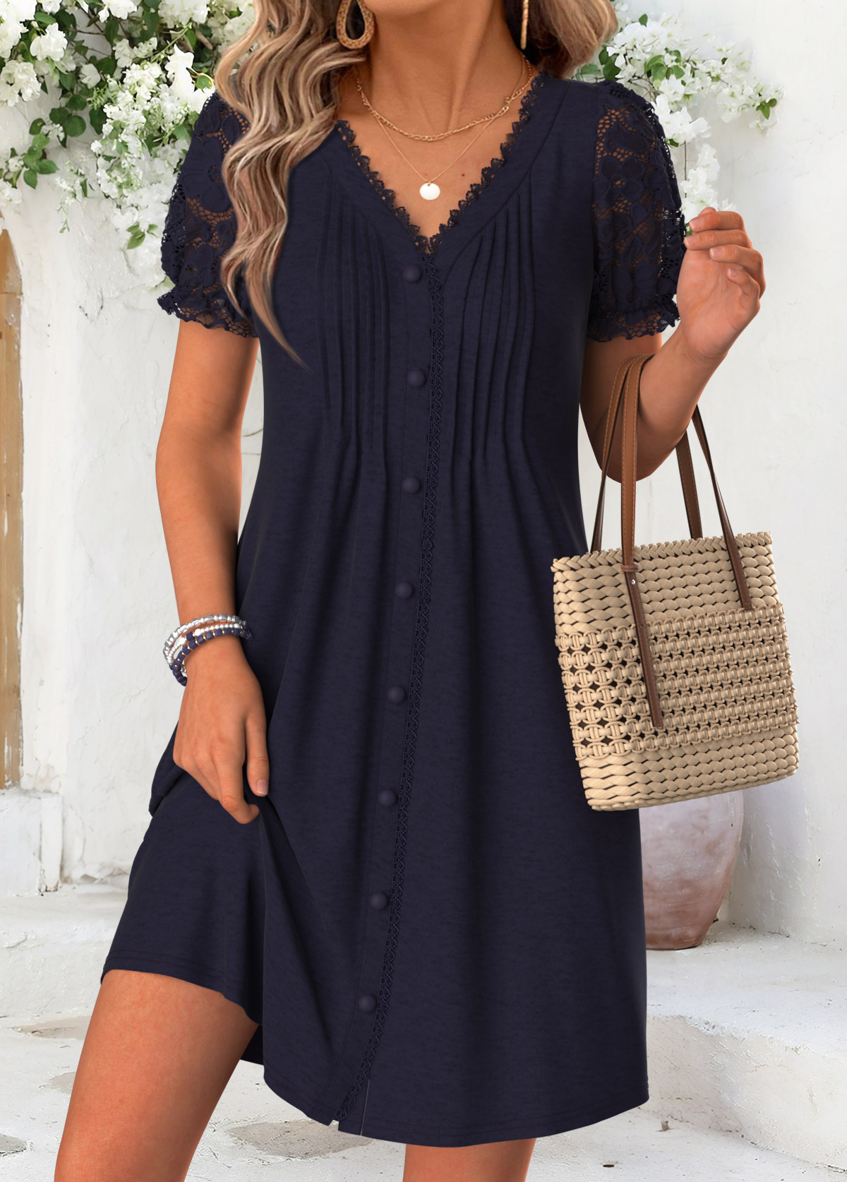 Modlily Navy Short Tuck Stitch V Neck Dress - S