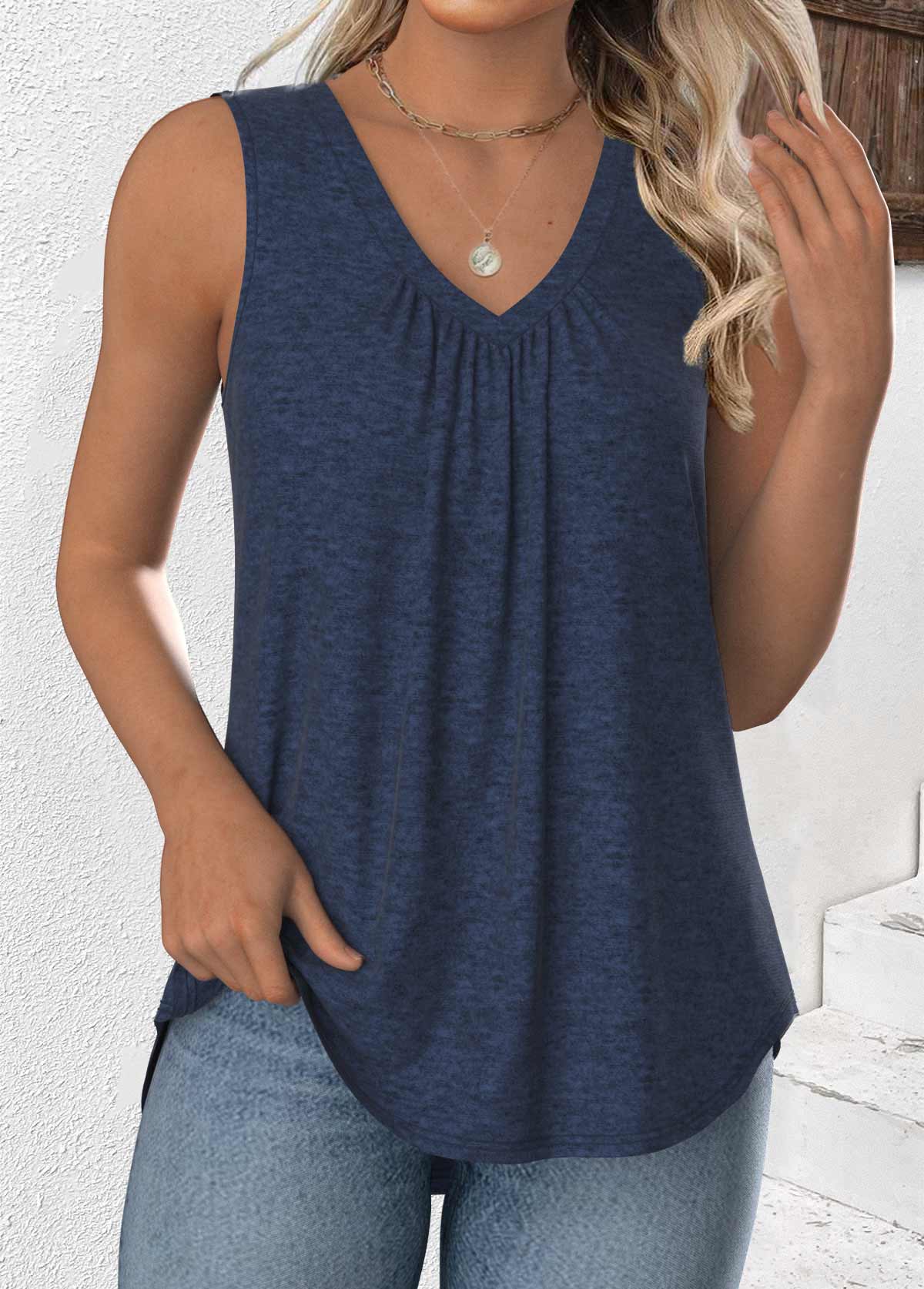 Modlily Navy Sleeveless V Neck Tank Top - S