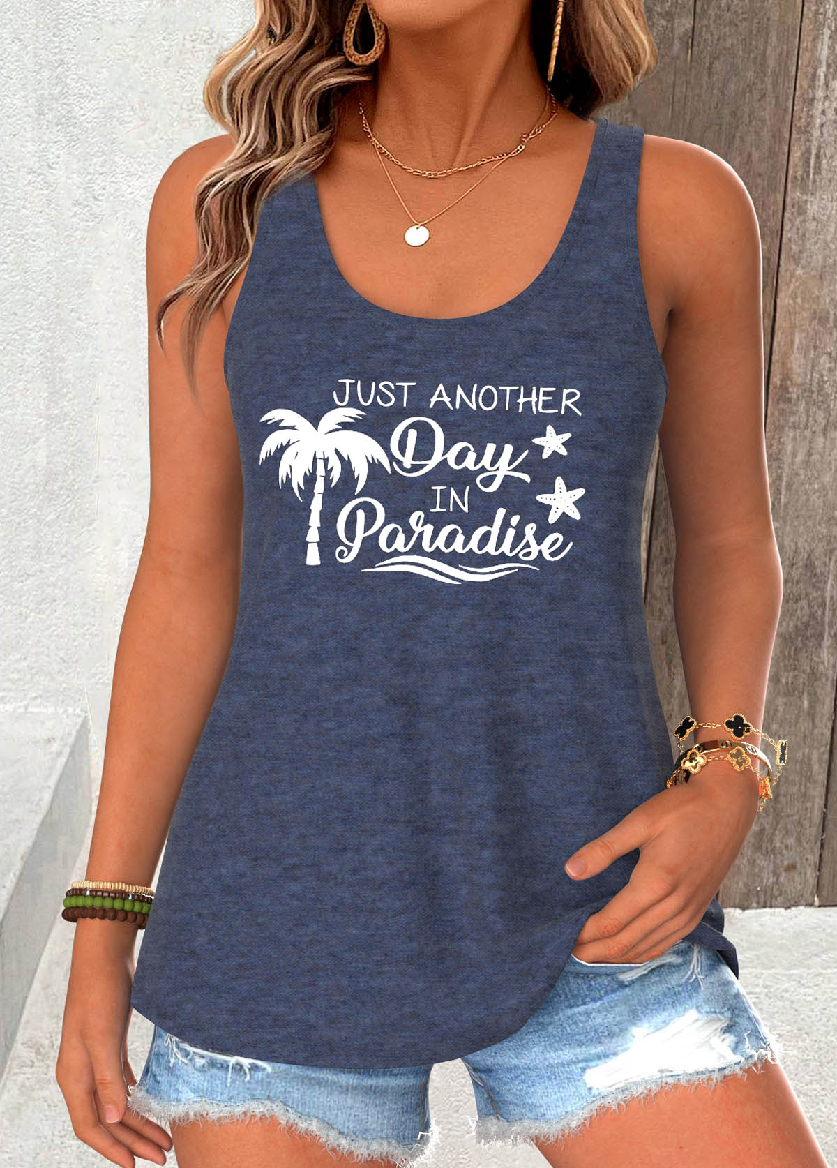 Modlily Navy Slogan Print Sleeveless Scoop Neck Tank Top - M