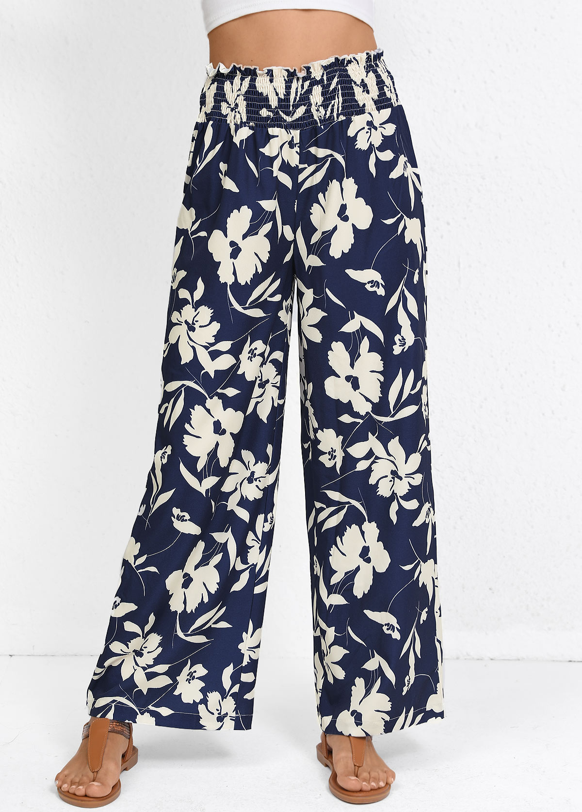 Modlily Navy Smocked Plants Print Wide Leg Elastic Waist Pants - S