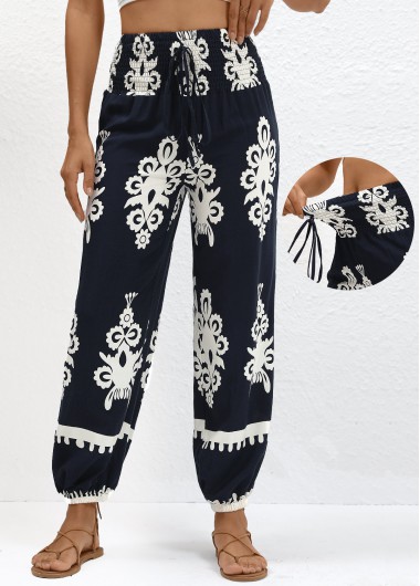 Modlily Navy Smocked Tribal Print Jogger Elastic Waist Pants - 2XL