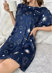 Modlily Navy Star Print Short Sleeve Round Neck Nightdress - S