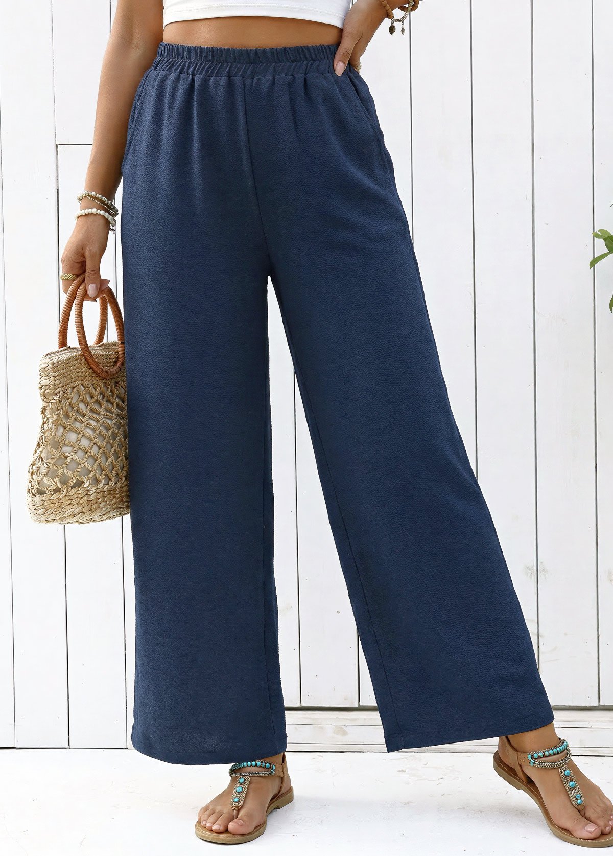 Modlily Navy Straight Leg Elastic Waist High Waisted Pants - L