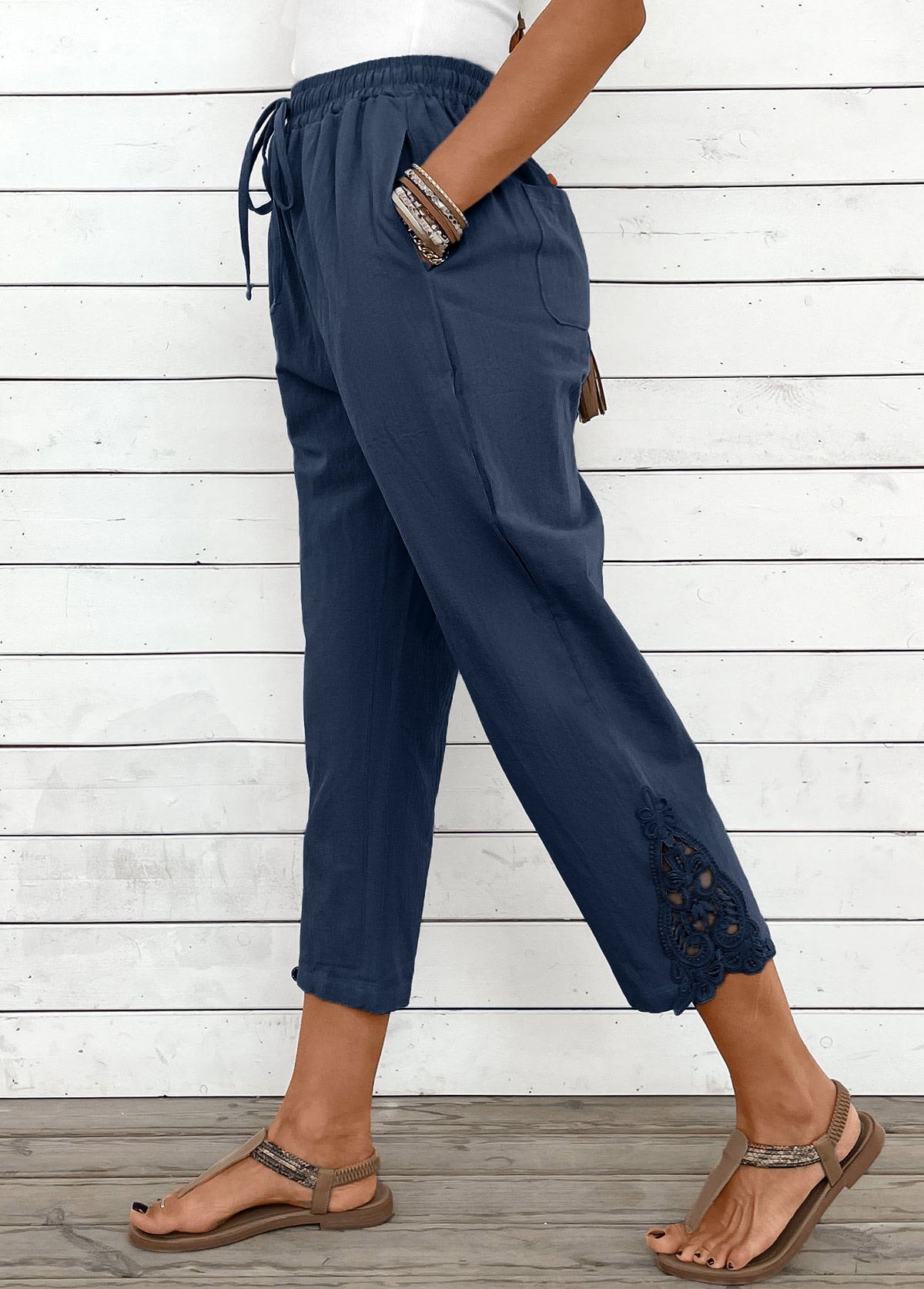 Modlily Navy Straight Leg Elastic Waist Mid Waisted Pants - S