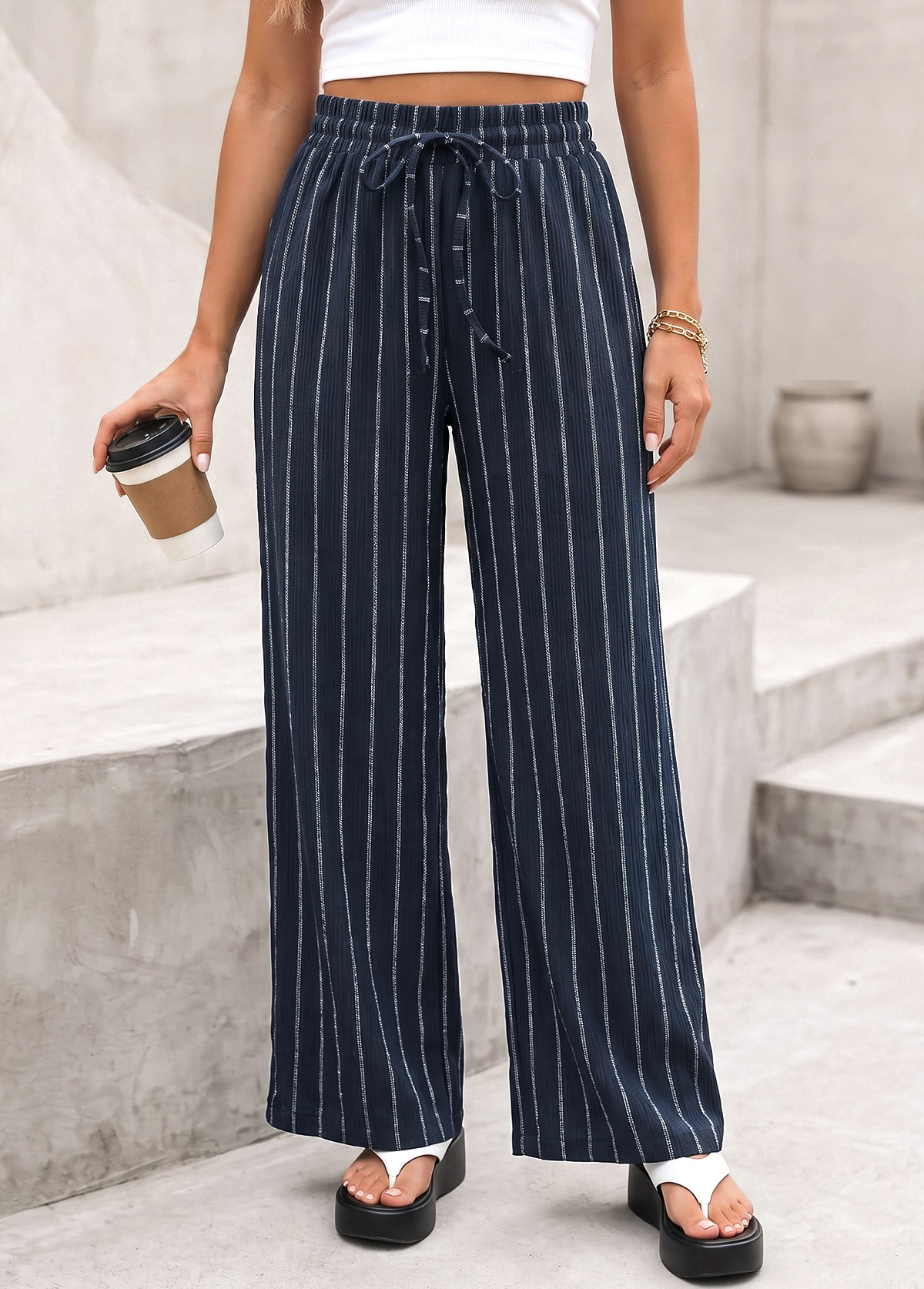 Modlily Navy Striped Elastic Waist High Waisted Pants - S