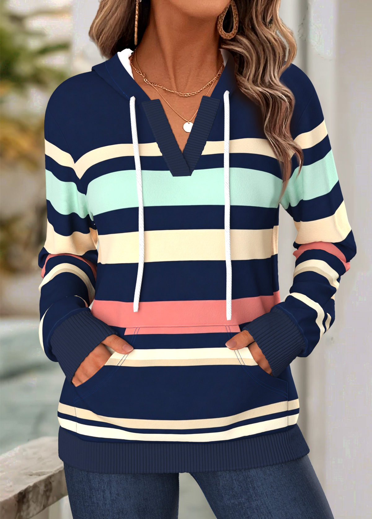 Modlily Navy Striped Kangaroo Pocket Long Sleeve Split Neck Hoodie - M