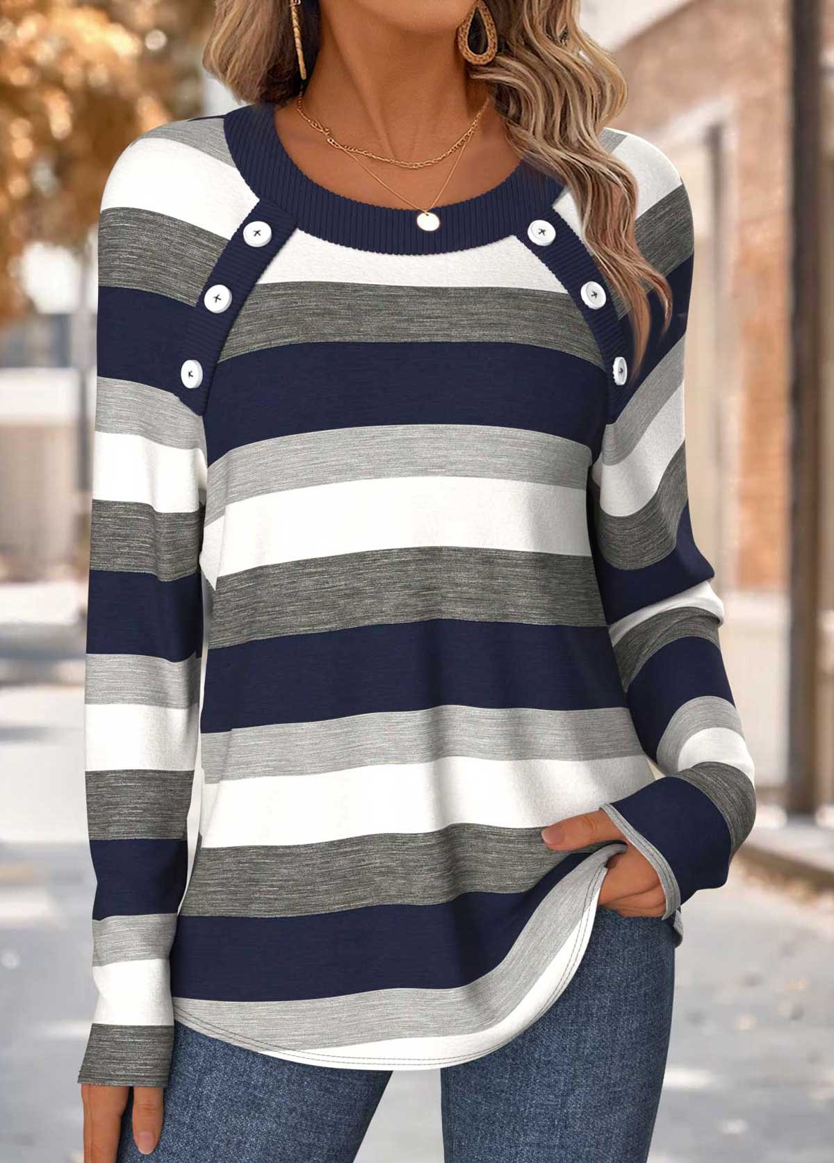 Modlily Navy Striped Long Sleeve Round Neck T Shirt - L
