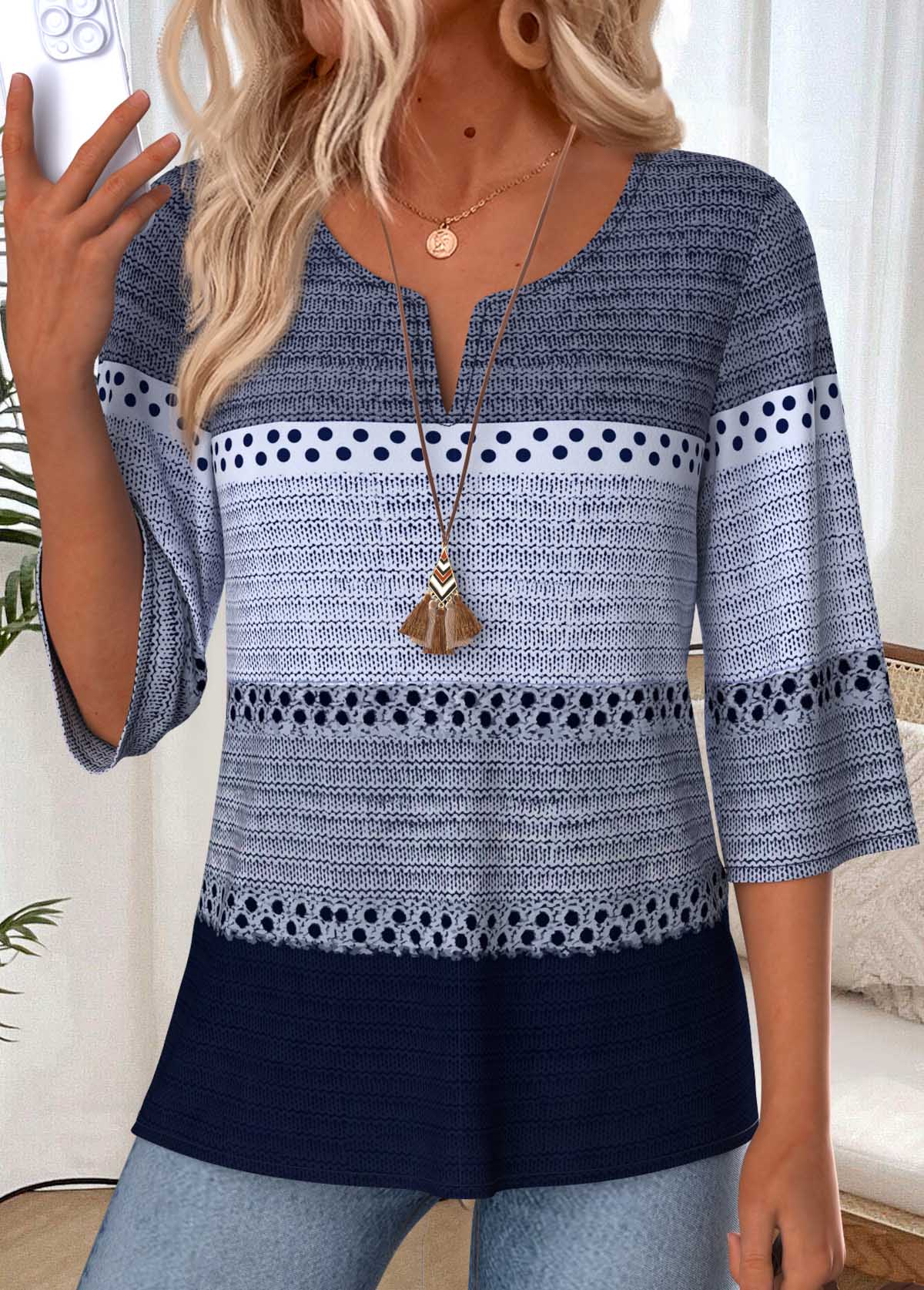 Modlily Navy Striped Patchwork 3/4 Sleeve Split Neck T Shirt - S