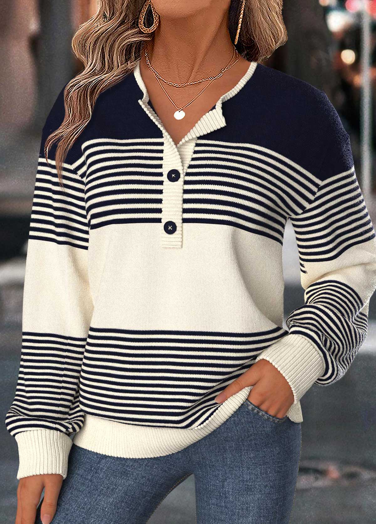 Modlily Navy Striped Tummy Coverage Long Sleeve Split Neck Sweater - M
