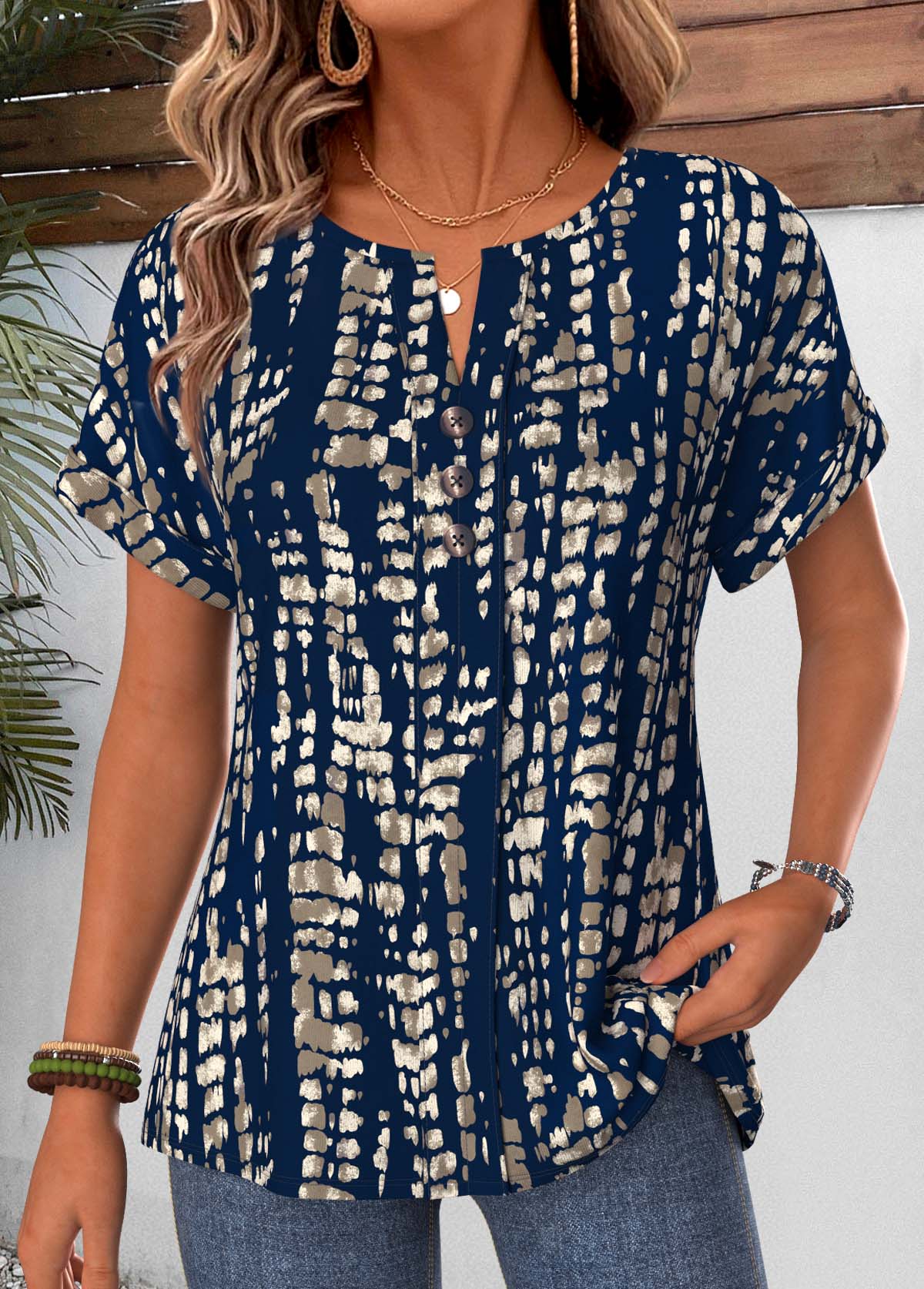 Modlily Navy Tie Dye Print Curved Hem T Shirt - S