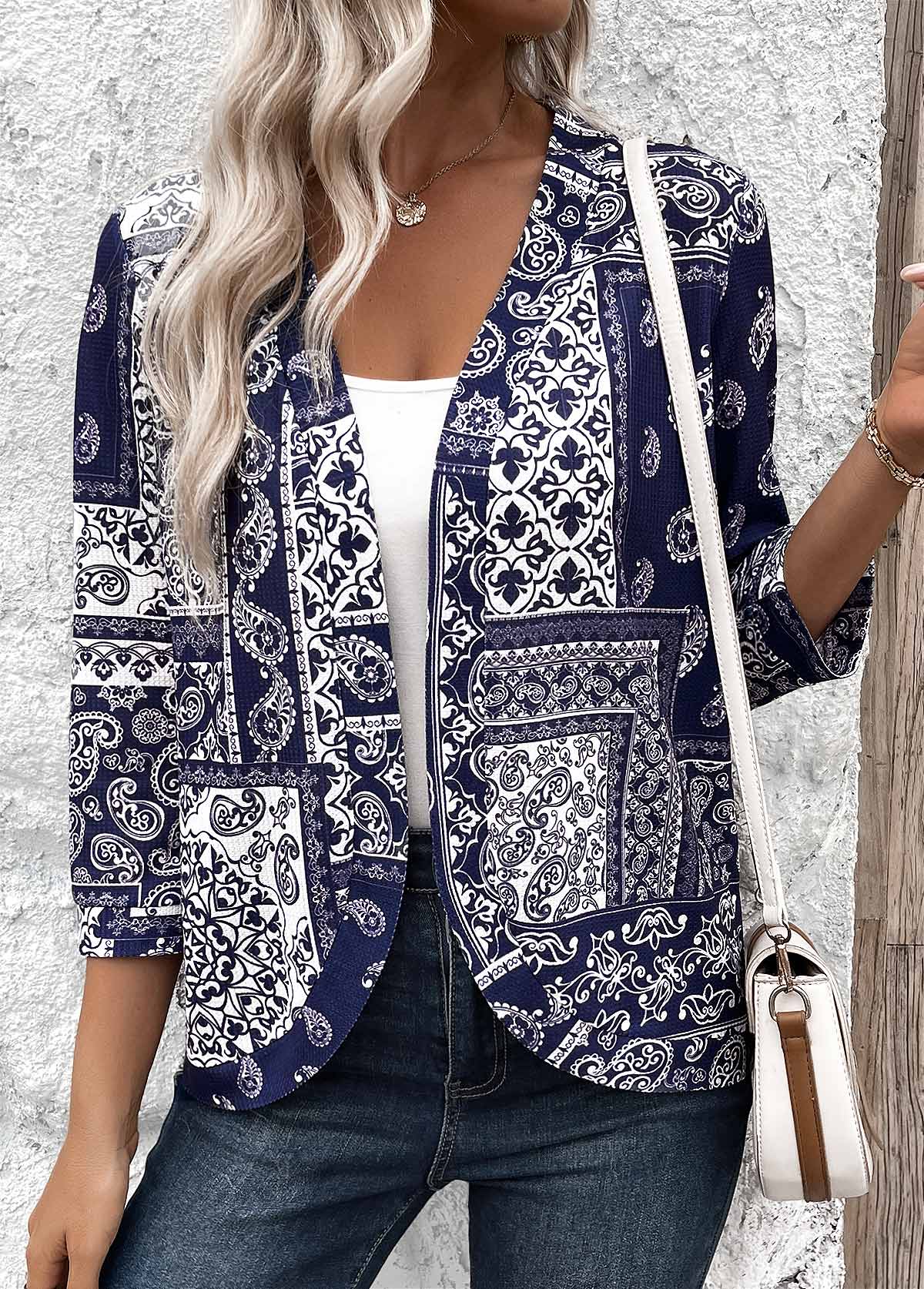 Modlily Navy Tribal Print 3/4 Sleeve Light Cardigan - S