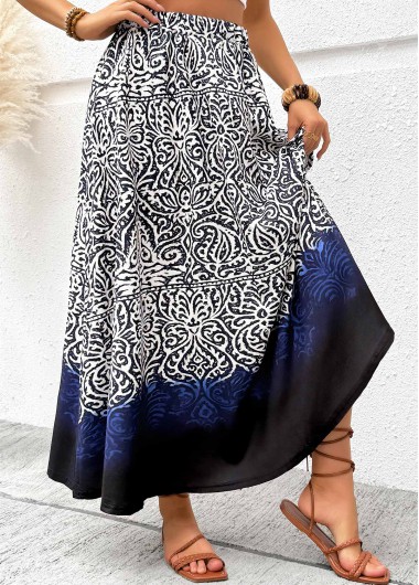 Modlily Navy Tribal Print A Line Elastic Waist Maxi Skirt - L