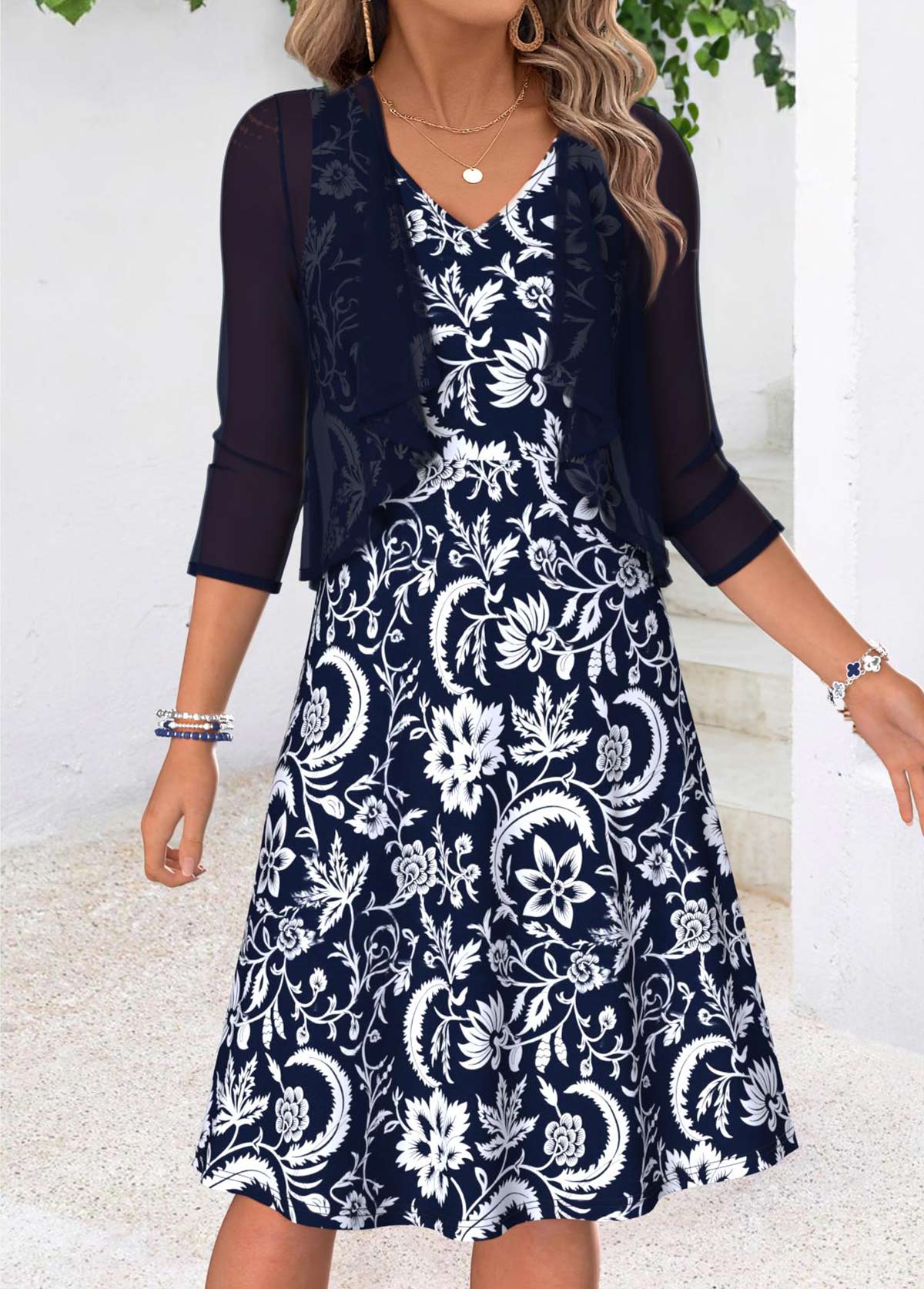 Modlily Navy Tribal Print Two-piece Short Sleeve Dress and Cardigan - S