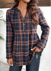 Modlily Navy Tuck Stitch Plaid Long Sleeve Split Neck Blouse - M