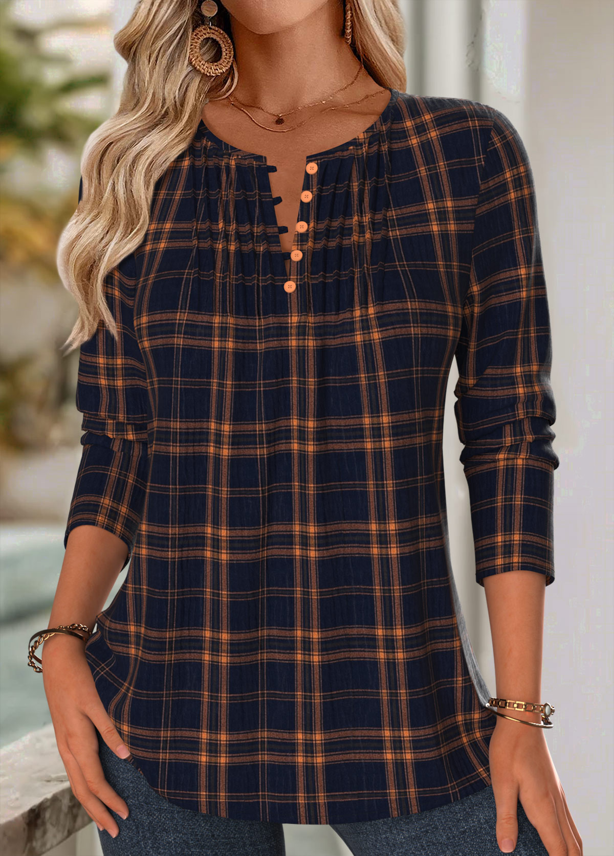 Modlily Navy Tuck Stitch Plaid Long Sleeve Split Neck Blouse - S