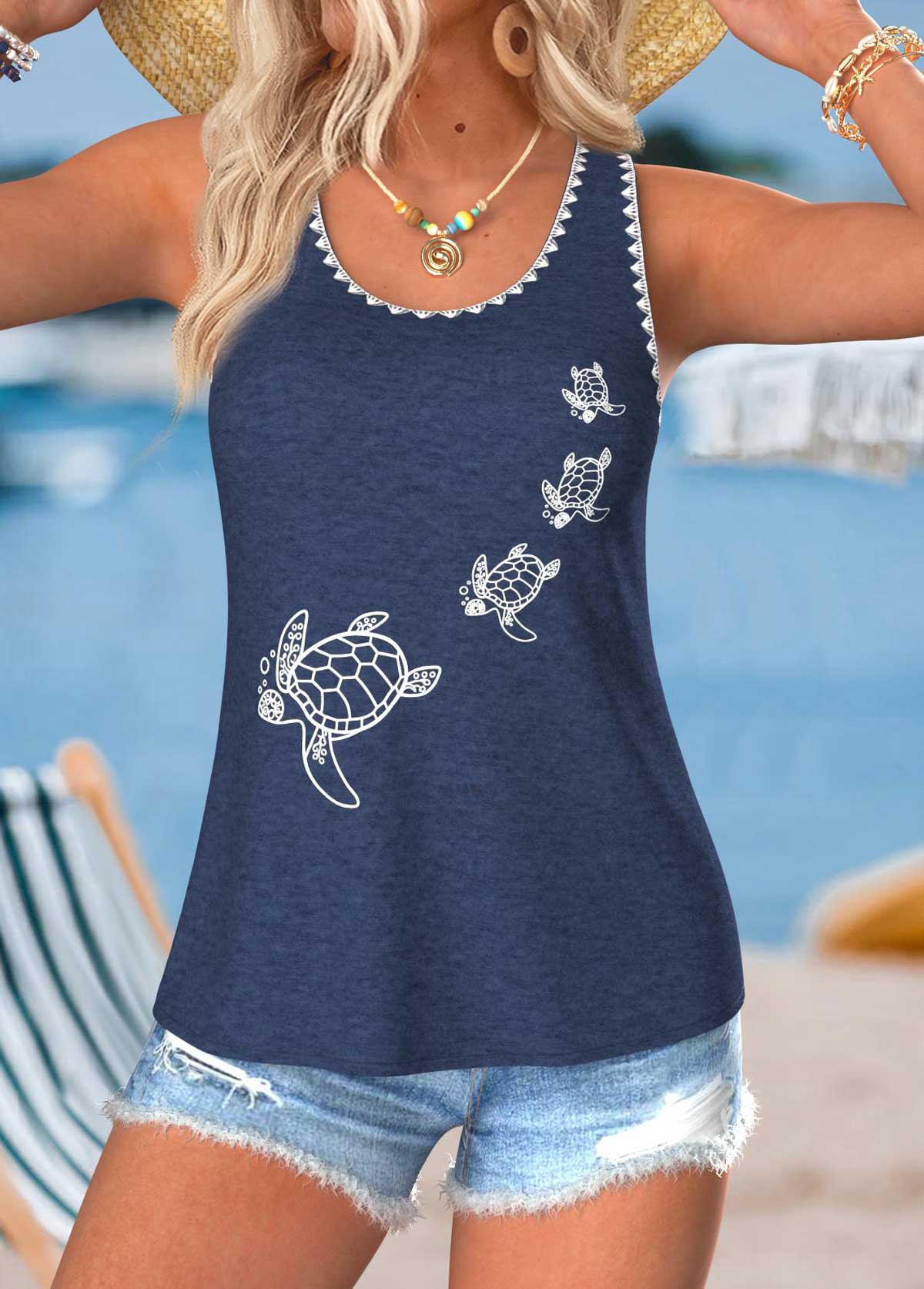 Modlily Navy Tummy Coverage Animal Print Sleeveless Tank Top - S