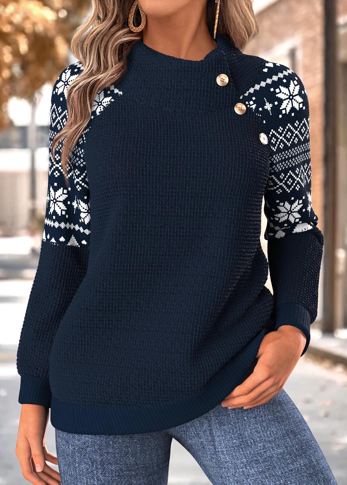 Modlily Navy Tummy Coverage Fair Isle Print Long Sleeve Sweatshirt - S