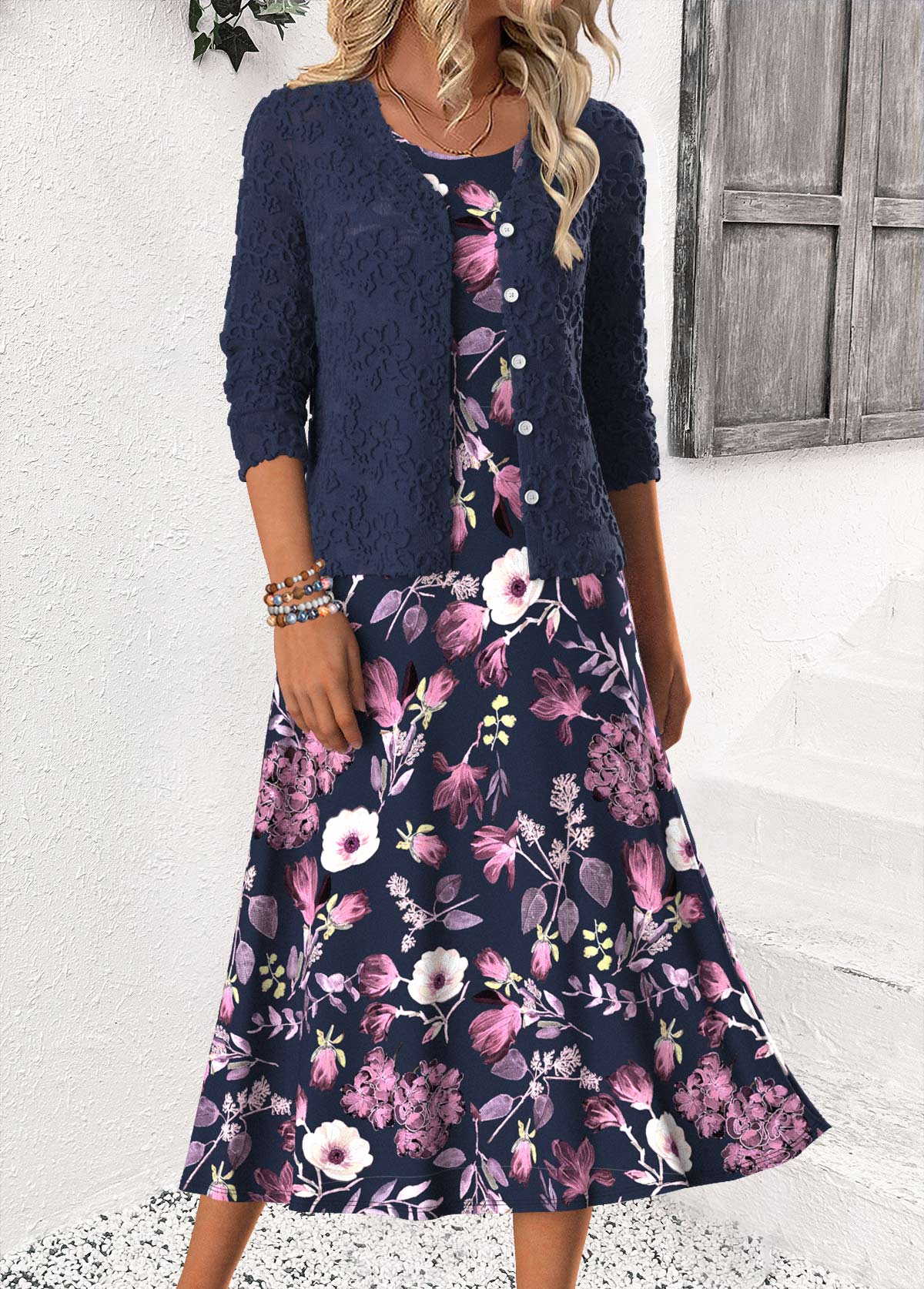 Modlily Navy Tummy Coverage Floral Print Dress and Cardigan - S