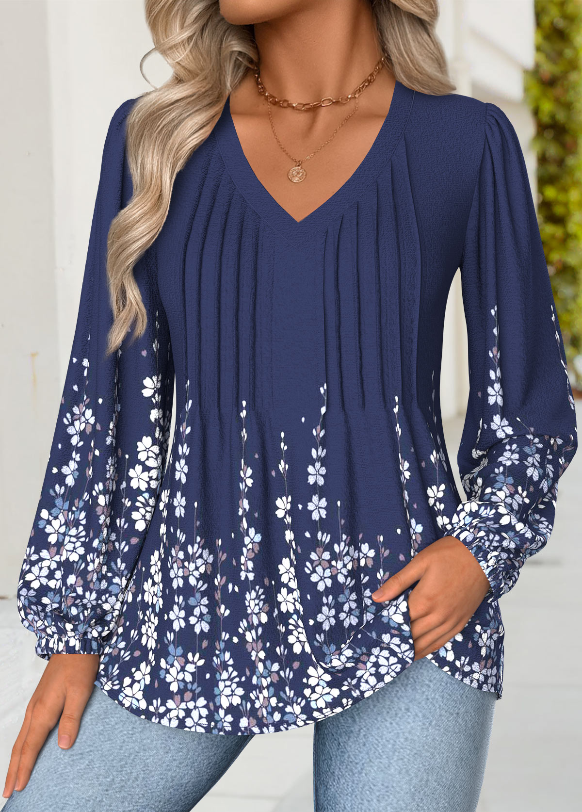 Modlily Navy Tummy Coverage Floral Print Long Sleeve Blouse - L