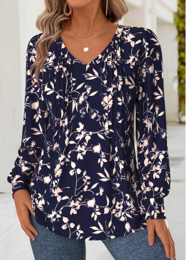 Modlily Navy Tummy Coverage Floral Print Long Sleeve T Shirt - S