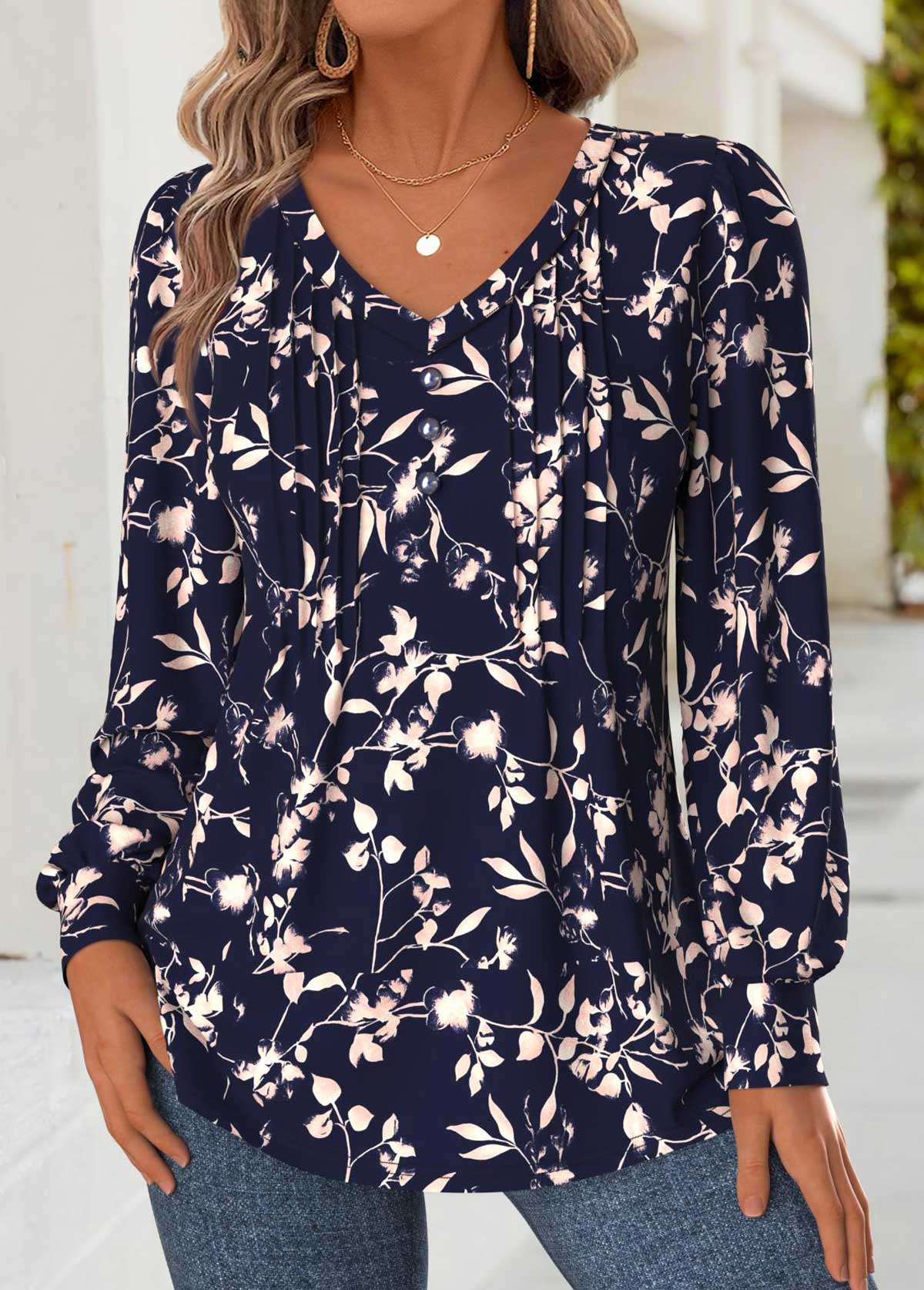 Modlily Navy Tummy Coverage Floral Print Long Sleeve T Shirt - L